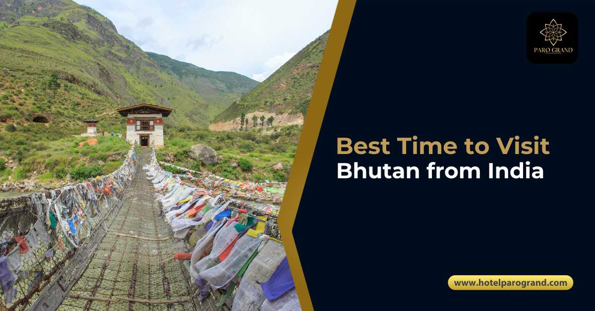 Best time to visit Bhutan from India scenic bridge with prayer flags in Paro valley Bhutan