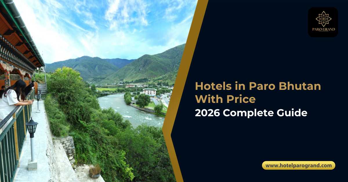 View of Paro Valley from Hotel Paro Grand – luxury hotel stay in Paro Bhutan with scenic river and mountain views