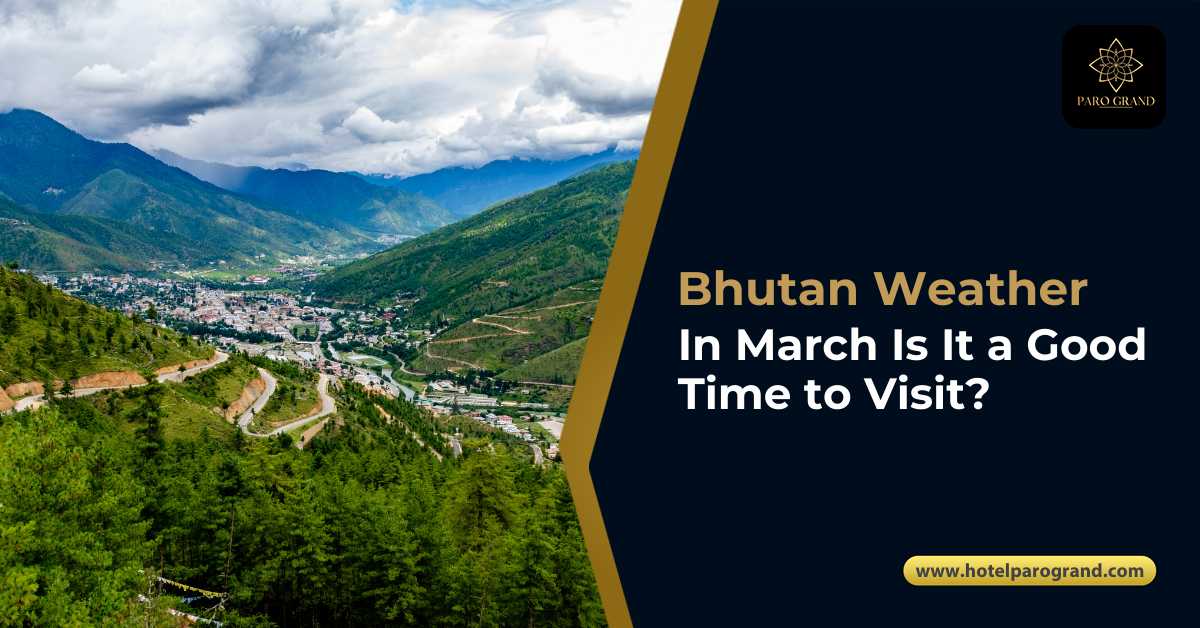 Bhutan weather in March view of Paro Valley with mountains and winding road – spring travel scenery in Bhutan